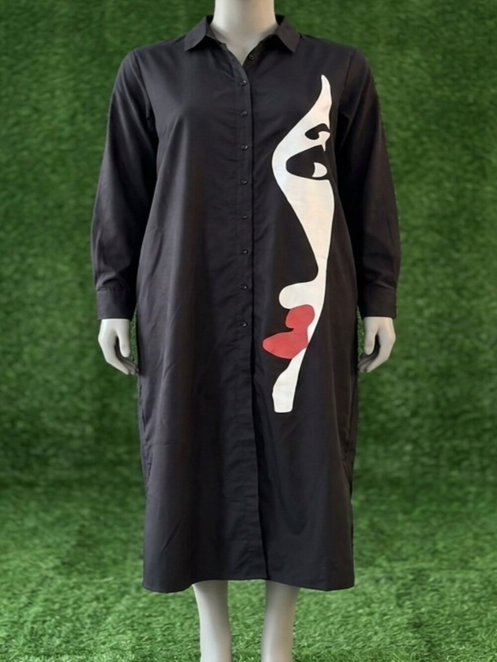 Cacia Women's 3X Black Maxi Shirt Dress Abstract Face Graphic Boho Button Down